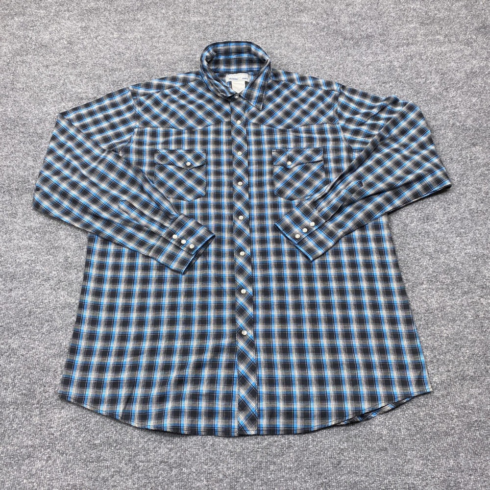 Wrangler Shirt Mens XL Blue Plaid Wrancher Western Pearl Snap Long Sleeve